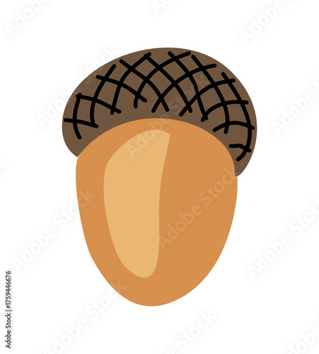 Minimalist vector illustration of a single acorn with geometric brown cap and tan-orange body, isolated on transparent background in flat, clean, modern design style