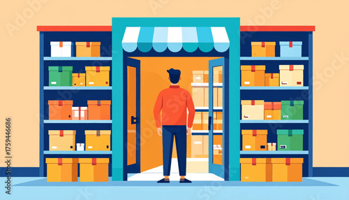 A man stands in front of a store filled with shelves of boxes, representing retail and inventory.