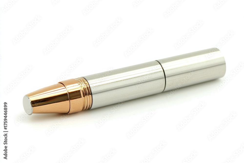 Fototapeta premium Elegant silver pen with rose gold accents on white background, modern stationery for writing, corporate, or gift applications