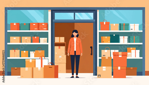A woman stands in front of a shop filled with packages and boxes, ready for shipping.