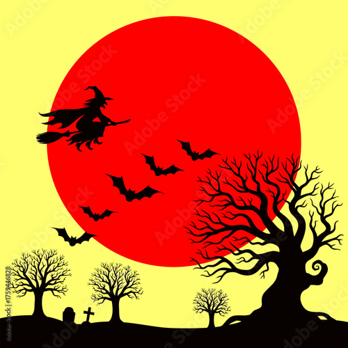 A spooky Halloween scene with a witch flying on her broomstick past bats and a large, gnarled tree under a bright red moon, evoking a sense of mystery and enchantment on this magical night