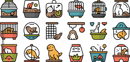 Collection of Pet Cages and Habitats with Birds and Animals
