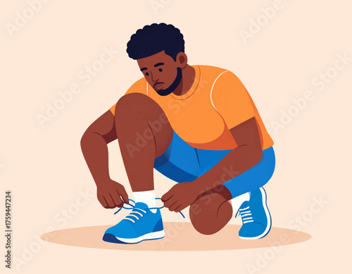 An athletic Black man in sportswear crouching down to tie the laces on his running shoes.