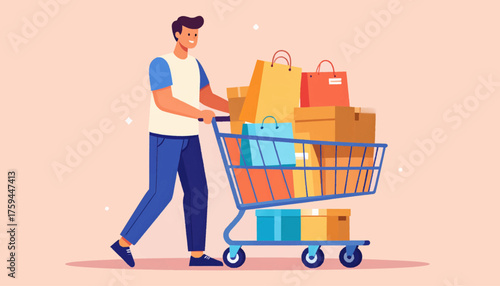A man joyfully pushes a shopping cart filled with various purchases, boxes, and bags, representing consumerism and retail.