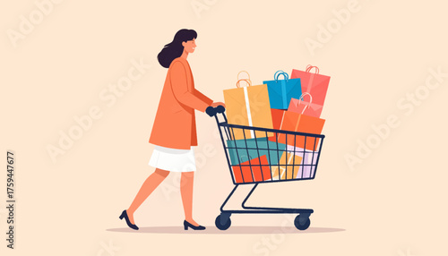 A woman in an orange coat and white skirt pushing a shopping cart overflowing with colorful shopping bags, illustrating a successful shopping trip.
