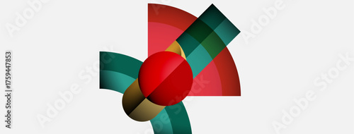 Abstract geometric composition. Red sphere intersects curved shapes, green, beige, pink hues dominate. Minimalist design, clean lines present.