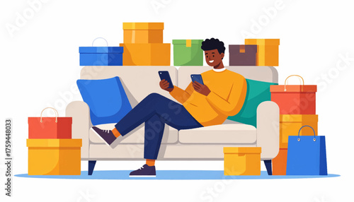 A smiling man sitting on a sofa, surrounded by numerous delivery boxes and shopping bags, using a tablet, depicting online shopping or recent purchases.