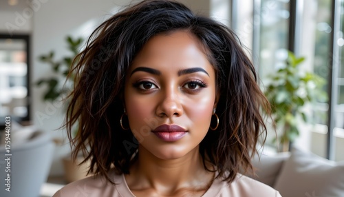 Portrait of a Confident Young Woman with Natural Hair in a Modern Indoor Setting
