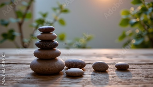 Carefully Stacked Pebbles on a Wooden Surface with Soft Natural Light and Lush Green Background