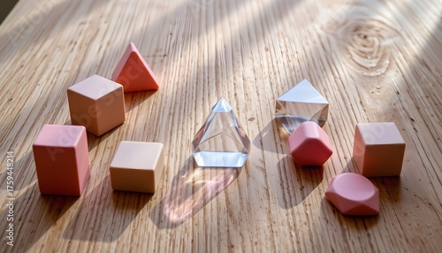Arrangement of Colorful Geometric Shapes on a Light Wooden Surface with Natural Shadows