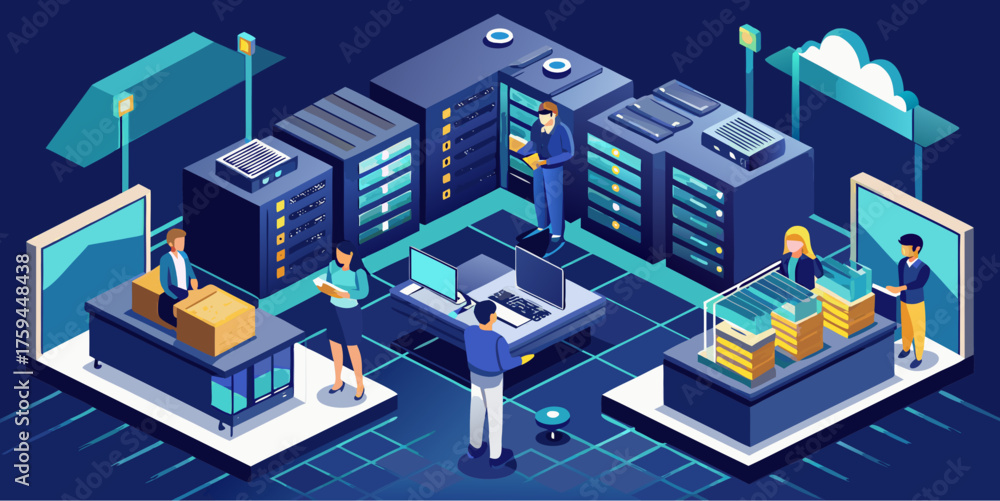Fototapeta premium Isometric illustration of a modern data center with servers, cloud storage, and people managing digital infrastructure