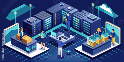 Isometric illustration of a modern data center with servers, cloud storage, and people managing digital infrastructure