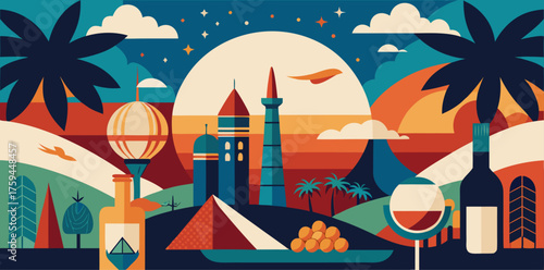 Abstract cityscape with hot air balloon and airplane