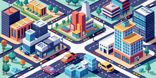 Colorful isometric cityscape with modern buildings, streets, cars and trees creating a vibrant urban environment