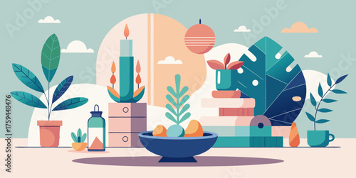 Stylized cozy home interior with plants, candles, books, and decorative objects in soft pastel colors