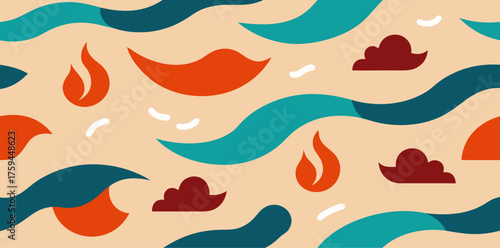 Abstract wavy pattern with fire and cloud shapes background