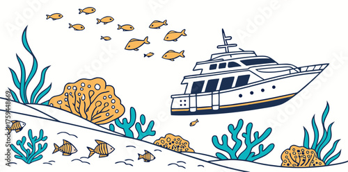Cartoon Yacht and Fish Underwater Scene boat ocean