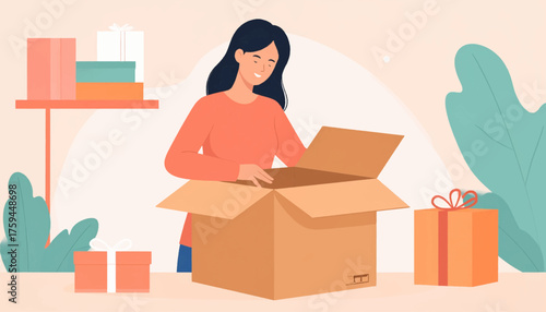 A woman is carefully packing items into a large cardboard box, with a wrapped gift beside her.