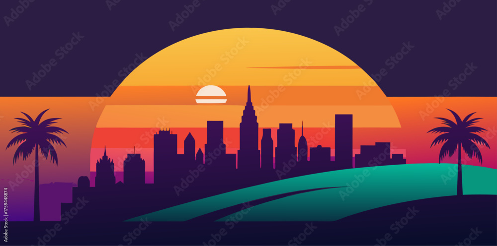 Fototapeta premium Miami Vice Style Cityscape Sunset Palm Trees skyline