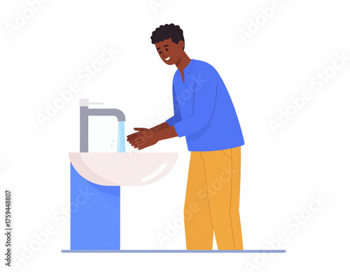 Illustration of a man washing his hands at a sink with running water.