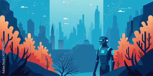 Futuristic Cityscape With Robot And Sci- Fi Landscape