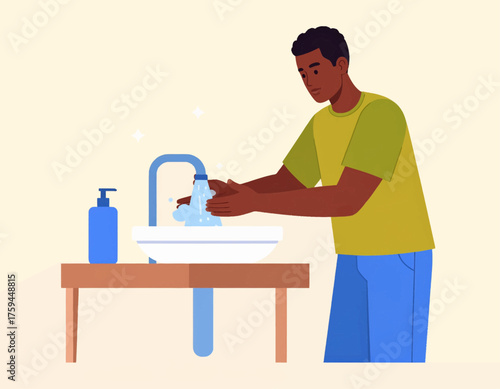 An illustration of a Black man washing his hands with soap and water at a sink to maintain good hygiene.