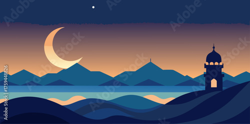 Islamic Mosque Silhouette At Dusk Over Mountainous Landscape Keywords: mosque, Islamic, Islamic