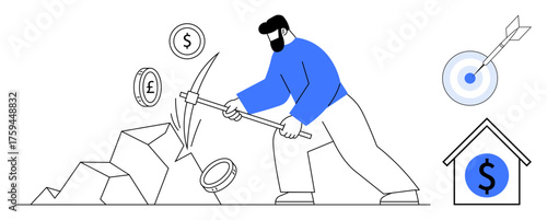 Man breaks rocks with pickaxe to uncover currency coins, representing wealth creation, income, and success. Ideal for finance, investment, business growth, savings, goals career simple flat