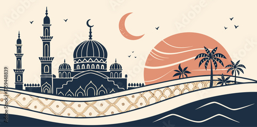 Islamic Mosque Silhouette With Crescent Moon And Palm Trees Keywords: mosque, Islamic, Islamic