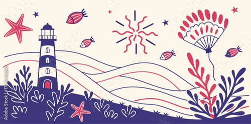 Lighthouse and coastal scene with marine life ocean