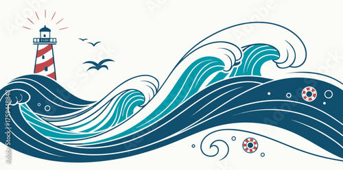 Lighthouse And Crashing Waves With Lifebuoys Keywords: ocean, sea, waves, lighthouse, nautical