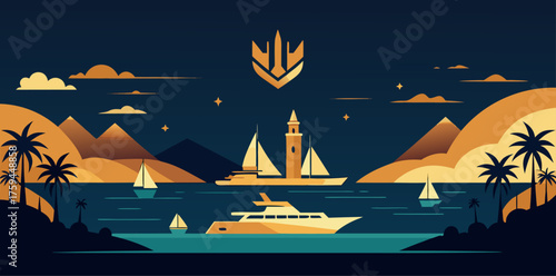 Luxurious Yachting Scene at Dusk with Palm Trees sailboat