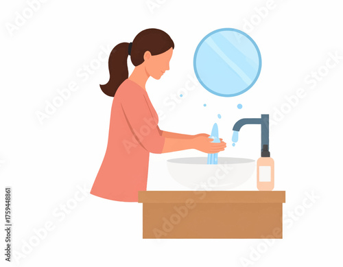 A woman washing her hands under running water at a sink with soap dispenser nearby.