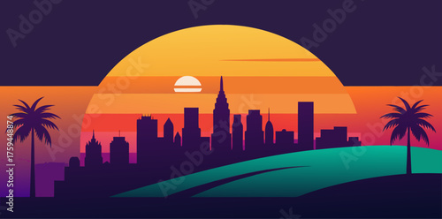 Miami Vice Style Cityscape Sunset Palm Trees skyline