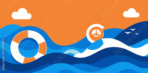 Minimalist Ocean Waves With Lifebuoy And Clouds Keywords: ocean, sea, waves, nautical, lifebuoy