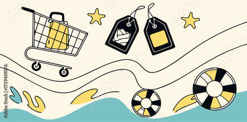 Shopping Cart and Tags with Nautical Elements sale