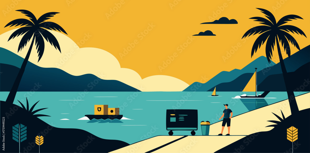 Obraz premium Tropical beach scene with palm trees and boats ocean