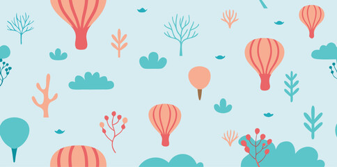 Fotobehang Luchtballon Speelse luchtballonnen met natuurelementen patroon  © Rushna akter