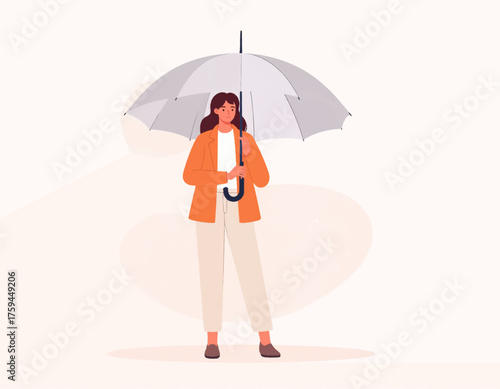A woman stands confidently, holding a white umbrella, dressed in a stylish orange jacket and beige pants.