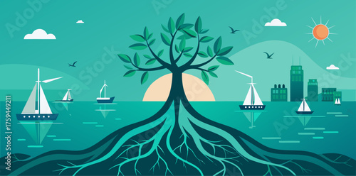 Stylized Tree With Roots Growing Into Ocean With Sailboats Keywords: tree, roots, ocean, water