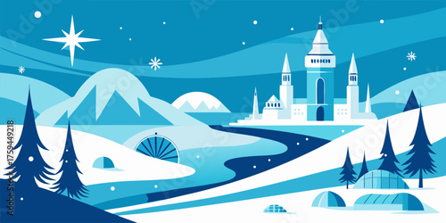 Stylized winter landscape with castle and snow-covered mountains