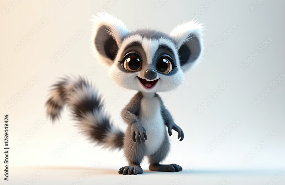 Naklejka premium A cute cartoon lemur stands on white. Fluffy tail, big brown eyes and friendly smile. Playful mammal with striped tail. Adorable character illustration is great for kids books and product design.