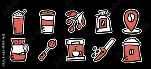 Coffee shop and brewing doodle sticker set: hand drawn icons of beans, drinks, machine, and barista tools for cafe, packaging, or menu design