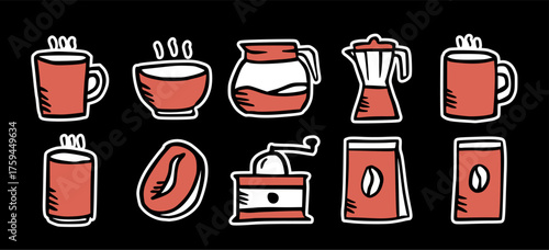 Coffee brewing equipment doodle sticker set: hand drawn icons of mugs, pot, grinder, and beans for cafe, packaging, and digital menu design