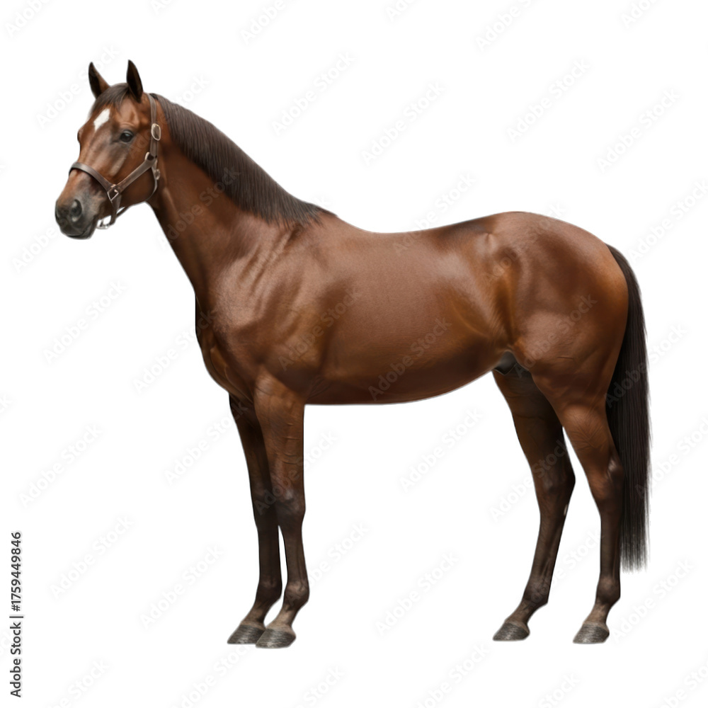 Fototapeta premium Shiny brown horse with dark mane stands, white blaze on head