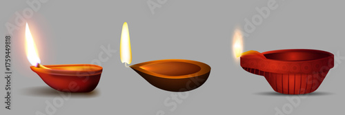 Diwali Diyas Collection Vector Set, Three Traditional Oil Lamps Illustration, Glowing Diya Lamp Festival Clipart