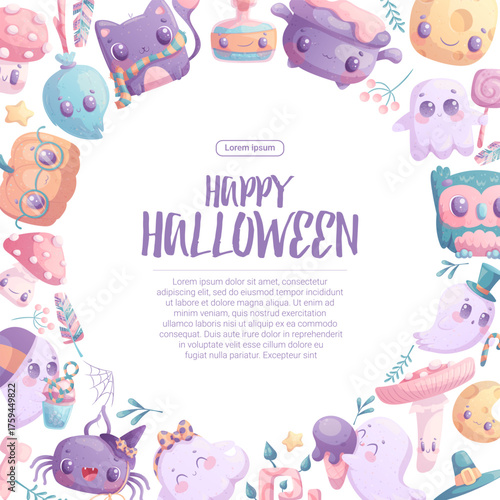 Cute background for Halloween invitation or greeting card. Ghost, cat, pumpkin, bat, spider, fly agaric, potion, owl, witch's cauldron for posters, flyers, postcards and banners. Vector illustration