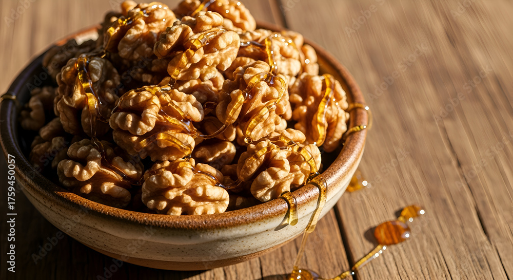 Obraz premium Delicious walnuts with syrup in a bowl on a wooden table, healthy food concept image