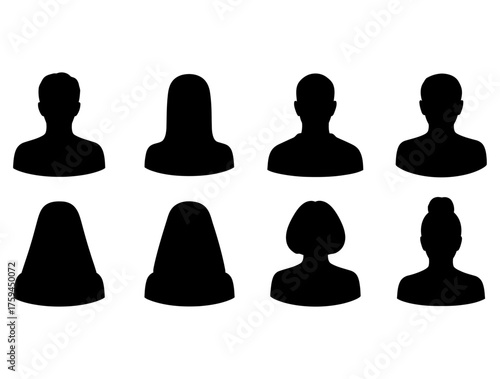 Diverse collection of anonymous human silhouette avatars for digital profiles and generic user representations across platforms