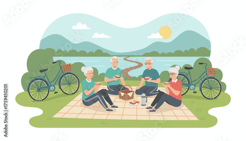 Elderly couples enjoy a sunny park picnic by the lake after a bike ride promoting active retirement